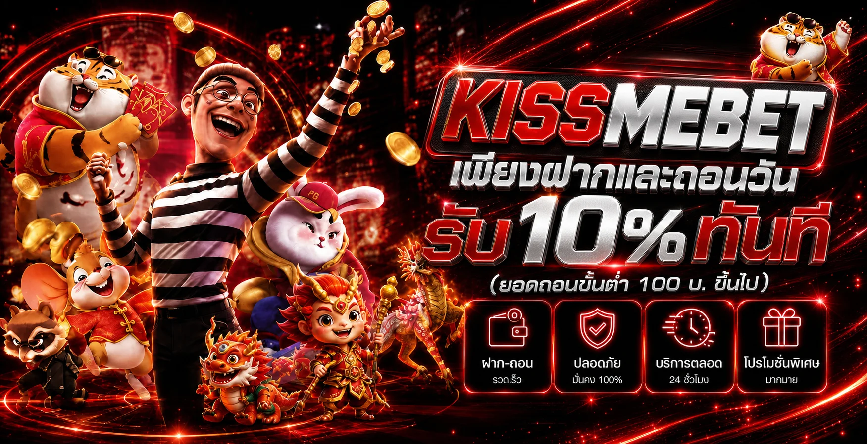 แบนเนอร์ KISSMEBET ระบบฝากถอนและตัวละครเกมสล็อต PG Soft